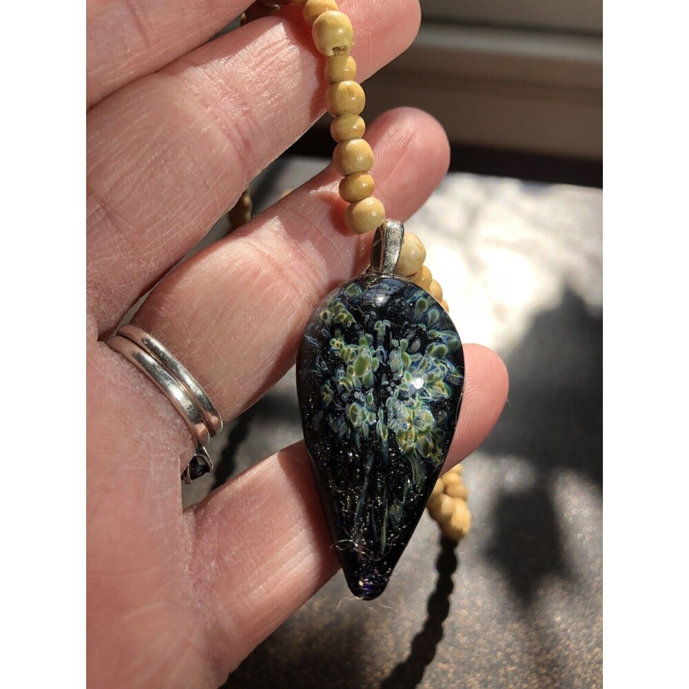 Boro Art Glass Pendant On 19" Wooden Bead Necklace Boho Style Artisan Made 2008